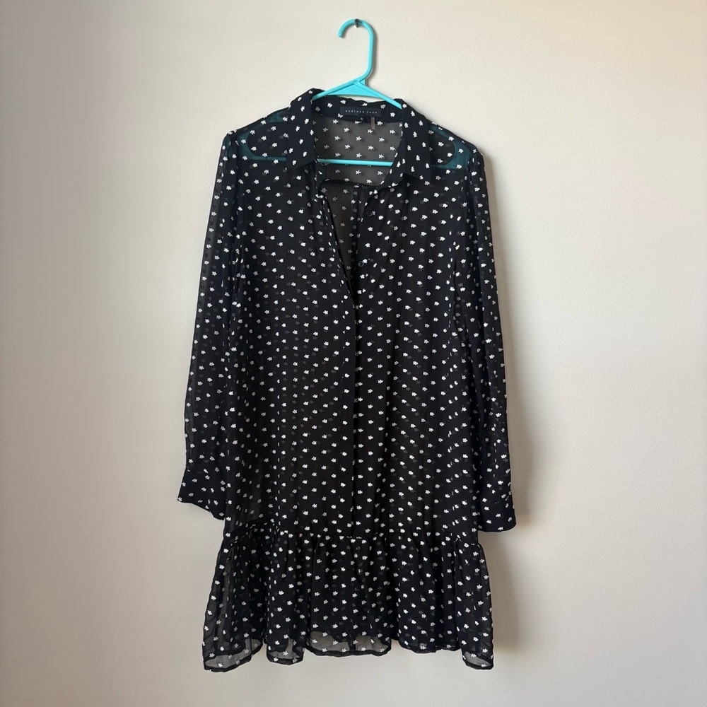 Sheer Black Flowered Long Sleeve Button Front Dress Size Medium